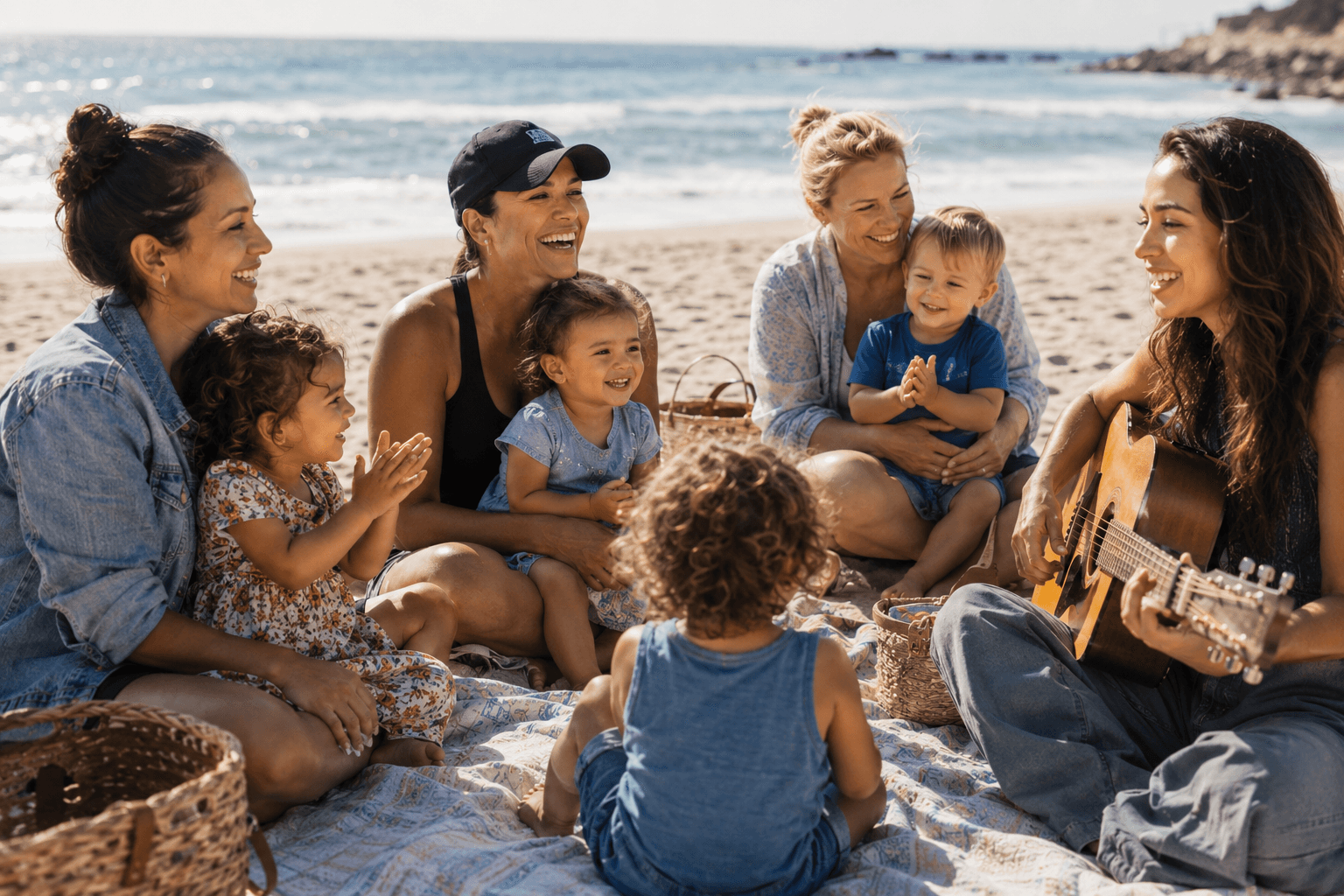 Parents and toddlers enjoying a beach music class together